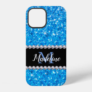 Coque iPhone 12 Paillettes Bleues Brillantes et Pierres avec Nom e