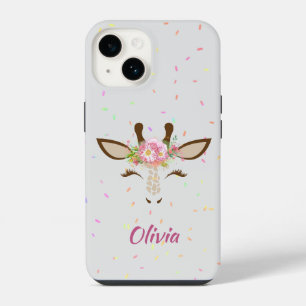 Coque Pour iPhone 14 Paillettes de girafe florale pour enfants