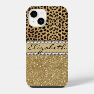 Coque Pour iPhone 14 Paillettes de rhinestone or tache de léopard