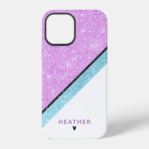 Coque iPhone 12 Paillettes Rayures Violet Bleu Féminin