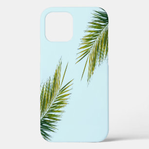 Coque iPhone 12 Palmier Vert Tropical sur Fond Bleu Clair