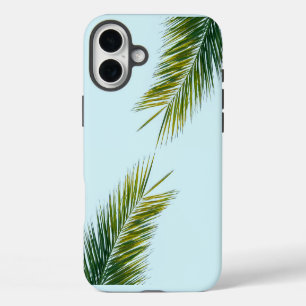 Coque iPhone 16 Plus Palmier Vert Tropical sur Fond Bleu Clair