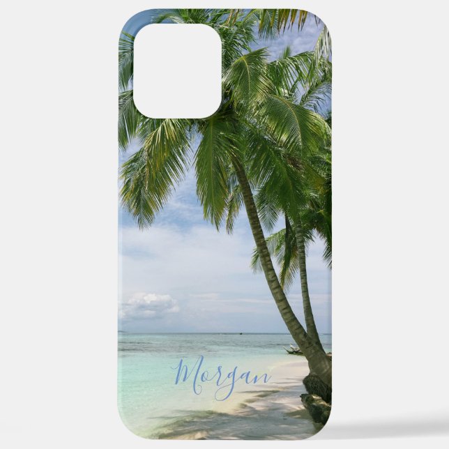 Coque iPhone Palmiers, Votre Photo, Nom Script Bleu (Verso)
