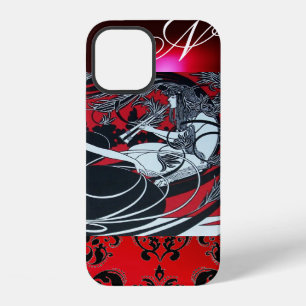COQUE iPhone 12 PAN ART NOUVEAU, DAMAS MONOGRAMME ROUGE NOIR BLANC