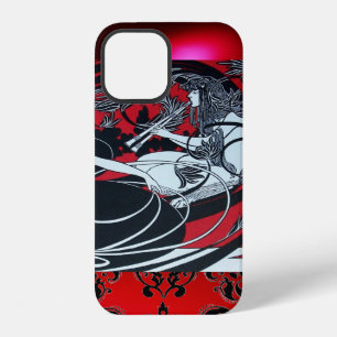 COQUE iPhone 12 PANNEAU ART NOUVEAU, DAMAS ROUGE NOIR BLANC