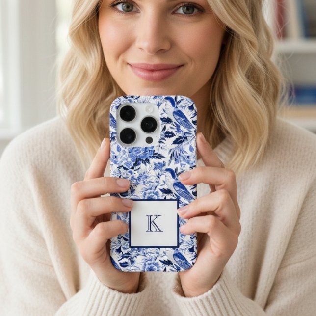 Coque iPhone Papier bleu à motif d'oiseau à monogramme  (Créateur téléchargé)