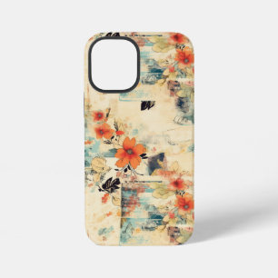 Coque iPhone 12 Mini Papier Éphémère Floral Bleu Orange Antique