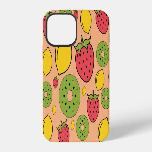 Coque iPhone 12 Papier peint de fruits : fraises, citrons, kiwis.