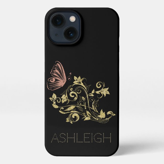 Coque iPhone Papillon étincelant or et rose Personnalisé (Verso)