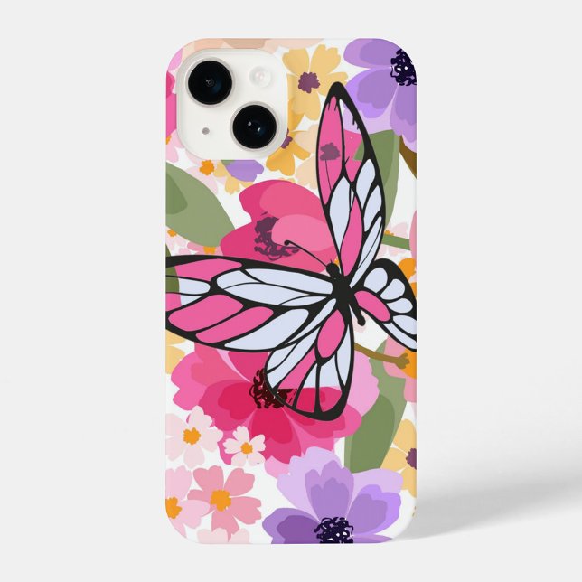 Coque iPhone Papillon floral (Shades of pink and white, set against a backdrop of colorful flowers.  )