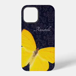 Coque iPhone 12 Papillon jaune élégant Damassé noir Ajouter un nom