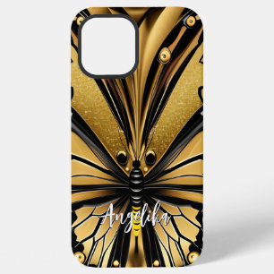 Coque iPhone 12 Pro Max Papillon Monarque Nom personnalisé Or et noir