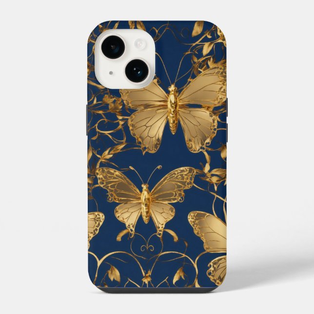 Coque iPhone Papillons bleus métalliques avec Vins d'or (Verso)
