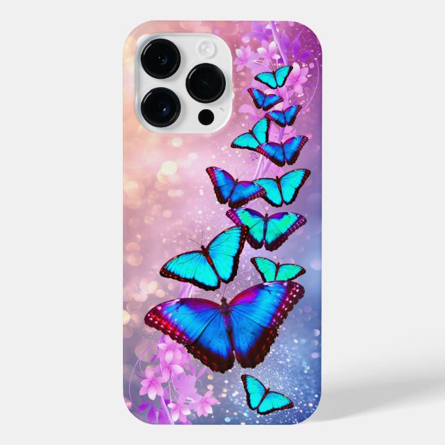 Coque iPhone Papillons bleus sur fleurs rose et lavande (Verso)