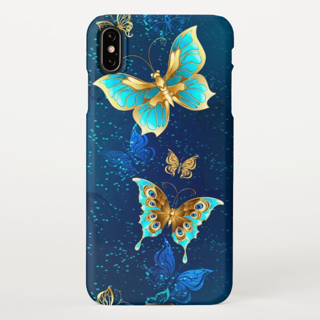 Coque iPhone Papillons d'or sur un Arrière - plan bleu (Dos)