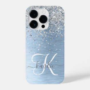 Coque Pour iPhone 14 Plus Parties scintillant en argent brossé bleu Nom du m