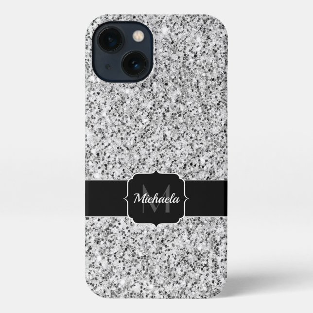 Coque iPhone Parties scintillant gris argent faux pétille Monog (Verso)