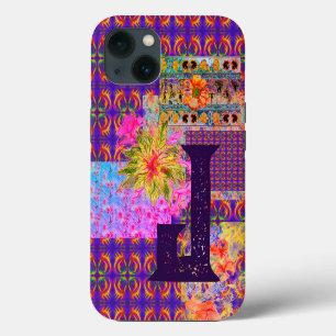 Etui iPhone 13 Patchwork Floral Fou Motif Violet Monogramme