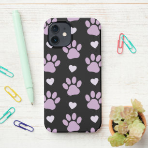 Coque iPhone 12 Pattern of paws, Dog paws, Lilac paws, Hearts