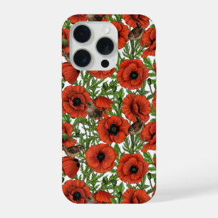 Pavot rouge et brindilles, feuilles verts sur blan