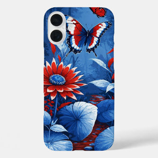 Coque iPhone 16 Plus Paysage de rêve fleuri et papillon patriotique