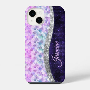 Coque Pour iPhone 14 Peau de sirène violet argent faux strass monogramm
