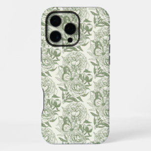 Coque iPhone 16 Pro Max Peoné et papillons bloc impression, sauge vert et