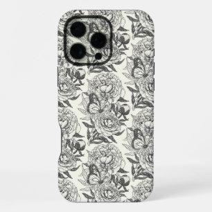 Coque iPhone 16 Pro Max Peonies et papillons bloquent l'impression, noir e