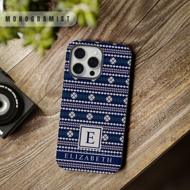 Coque iPhone Personnalisable bleu bleu marine blanc gris aztèqu (Customizable Dark Navy Blue White Grey Aztec iPhone Case)