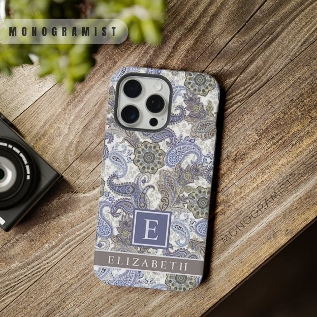 Coque iPhone Personnalisable Blue Purple Grey White Paisley (Customizable Blue Purple Grey White Paisley iPhone Case)