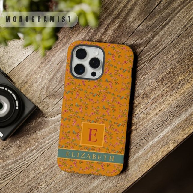 Coque iPhone Personnalisable Orange Jaune Floral Oiseau Rose (Customizable Orange Yellow Floral Bird Pink Flower iPhone Case)