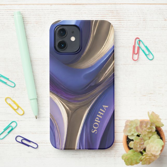 Coque iPhone Personnalisé Abstrait-bleu, violet et or (Sur le bureau)