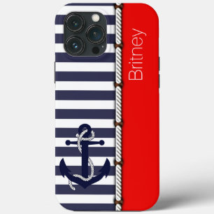 Etui iPhone 13 Pro Max Personnalisé Fun Bleu Nuit Blanc Rayure Rouge Clai
