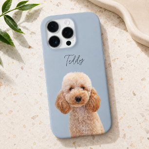 Coque iPhone 16 Pro Photo de chien moderne bleu poussiéreux et nom de
