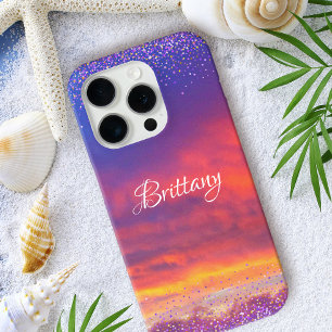 Coque iPhone 16 Pro Photo de coucher de soleil rose bleu chic confetti
