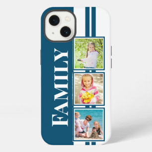 Etui iPhone 13 Photos de famille bleus et blancs à rayures
