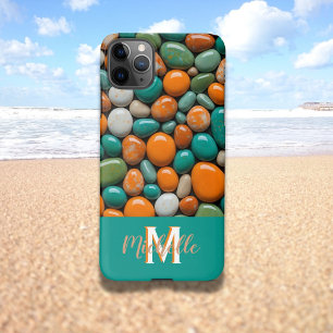 Coque iPhone 11Pro Max Pierre de couleur moderne galets Monogramme M Turq
