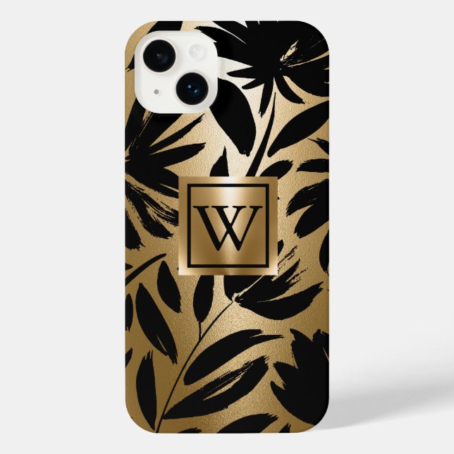 Coque iPhone Pinceau Floral noir et or (Verso)