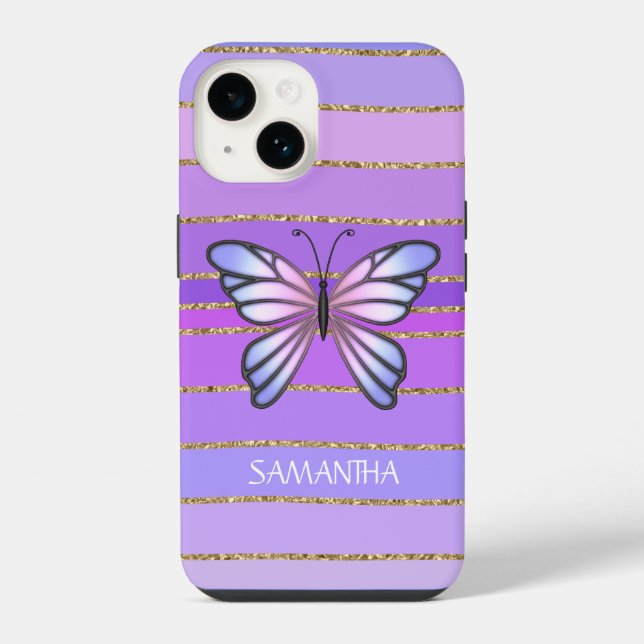 Coque iPhone Pink or violet papillon rayures filles nom (Verso)