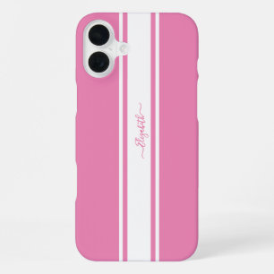 Coque iPhone 16 Plus Pink White Racing Stripes Monogrammed Girly Chic