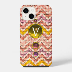 COQUE POUR iPhone 14 PINK YELLOW GEMMES ET CHEVRONS MOSAÏQUES MONOGRAMM