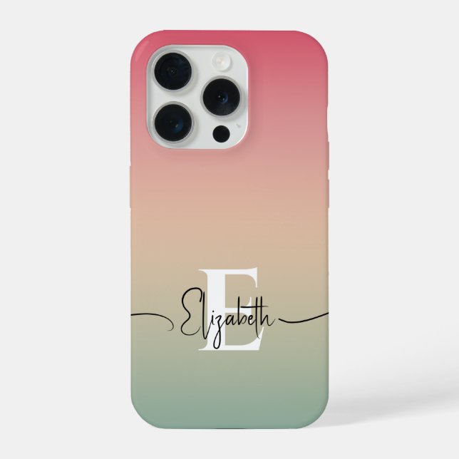 Coque iPhone Pink Yellow & Green Gradient Nom du script Monogra (Verso)