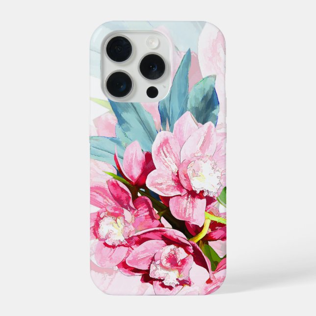 Coque iPhone PixDezines Orchid Isle, Pink Orchids Blue Ti (Verso)