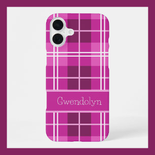Coque iPhone 16 Plus Plaid Rose Personnalisé avec Nom Personnalisé