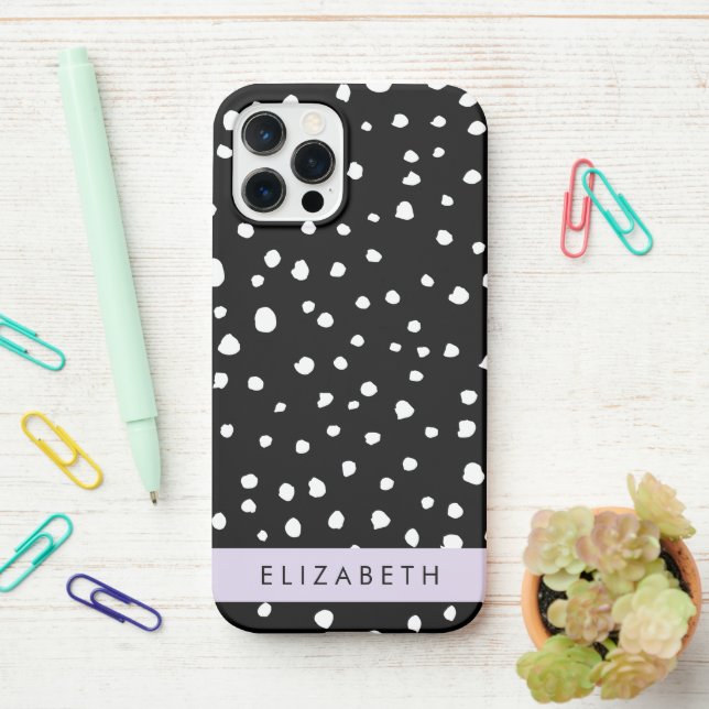 Coque iPhone Points dalmatiens, Spots, Noir et Blanc, Votre nom (Sur le bureau)
