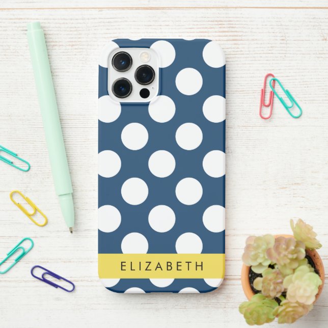 Coque iPhone Pois Bleus de la Marine, Motif Pot Polka, Votre No (Sur le bureau)