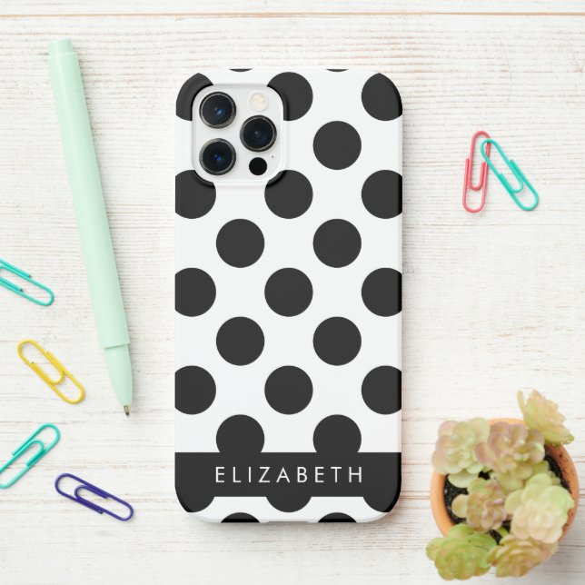 Coque iPhone Pois noirs et blancs, pointillés, Votre nom (Sur le bureau)