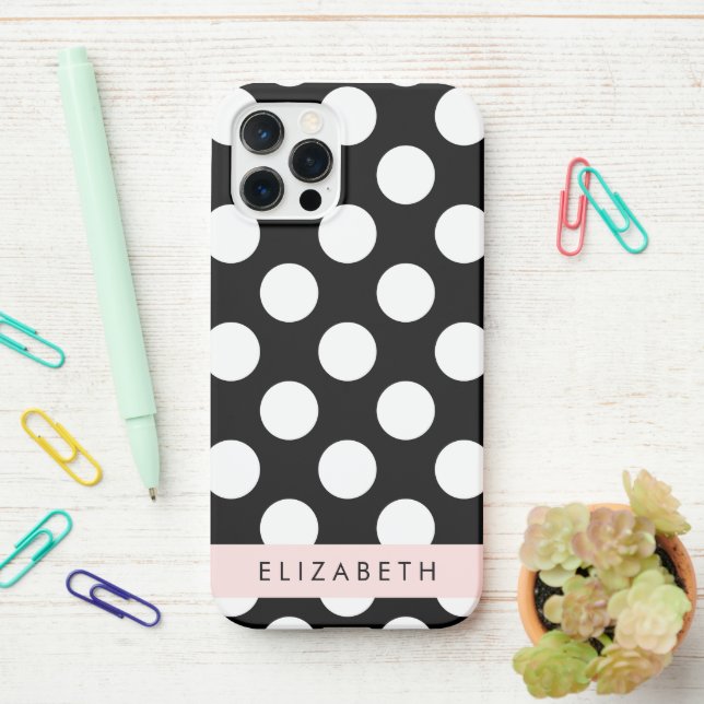 Coque iPhone Pois noirs et blancs, pointillés, Votre nom (Sur le bureau)