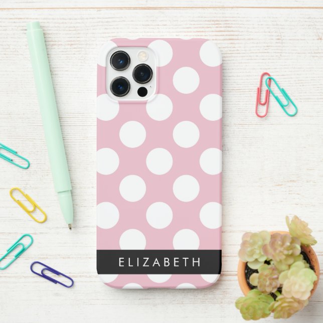 Coque iPhone Pois roses, Motif Pointe Polka, Votre Nom (Sur le bureau)