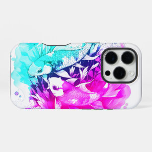 Coque iPhone 16 Pro Poisson Koi en rose et bleu